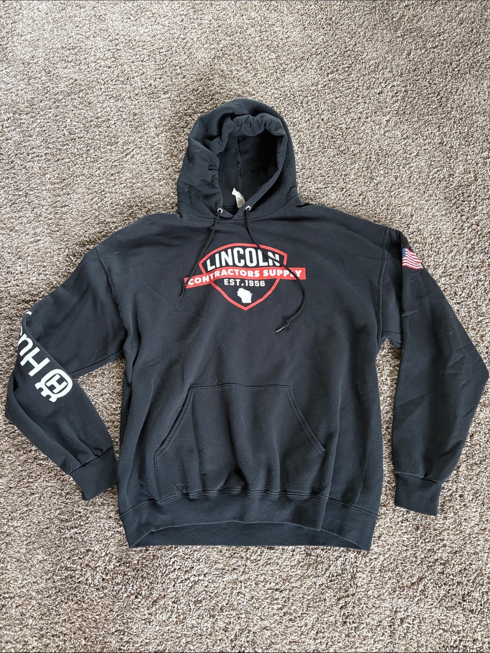 Jerzees Black Crewneck Hoodie with Red & White Lincoln Logo
